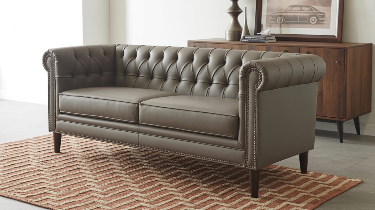 Gray velvet Chesterfield tufted sofa with polished nailhead trim and dark tapered wooden legs