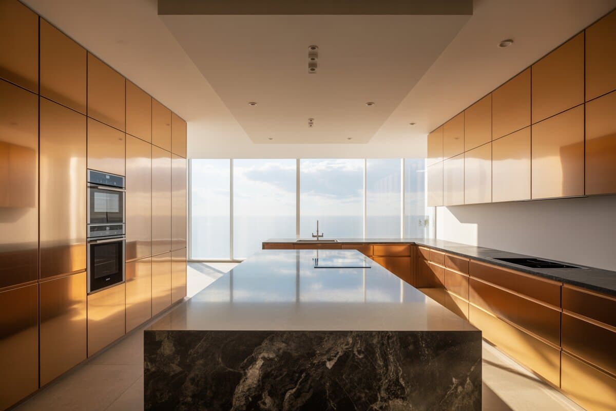 Coppery cabinets line both walls behind a dark marble island facing a sea-view window