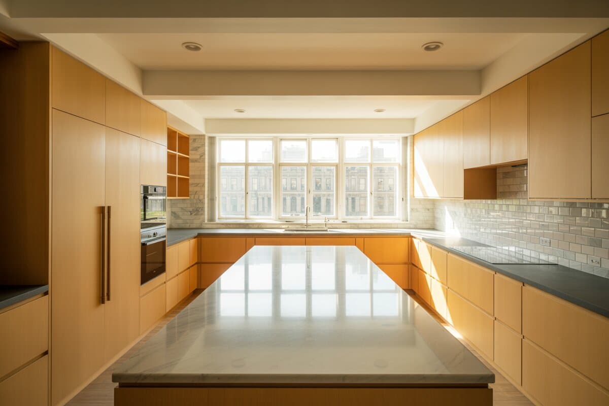 Maple cabinets wrap a U-shape with a marble island and dark perimeter counters by tall windows
