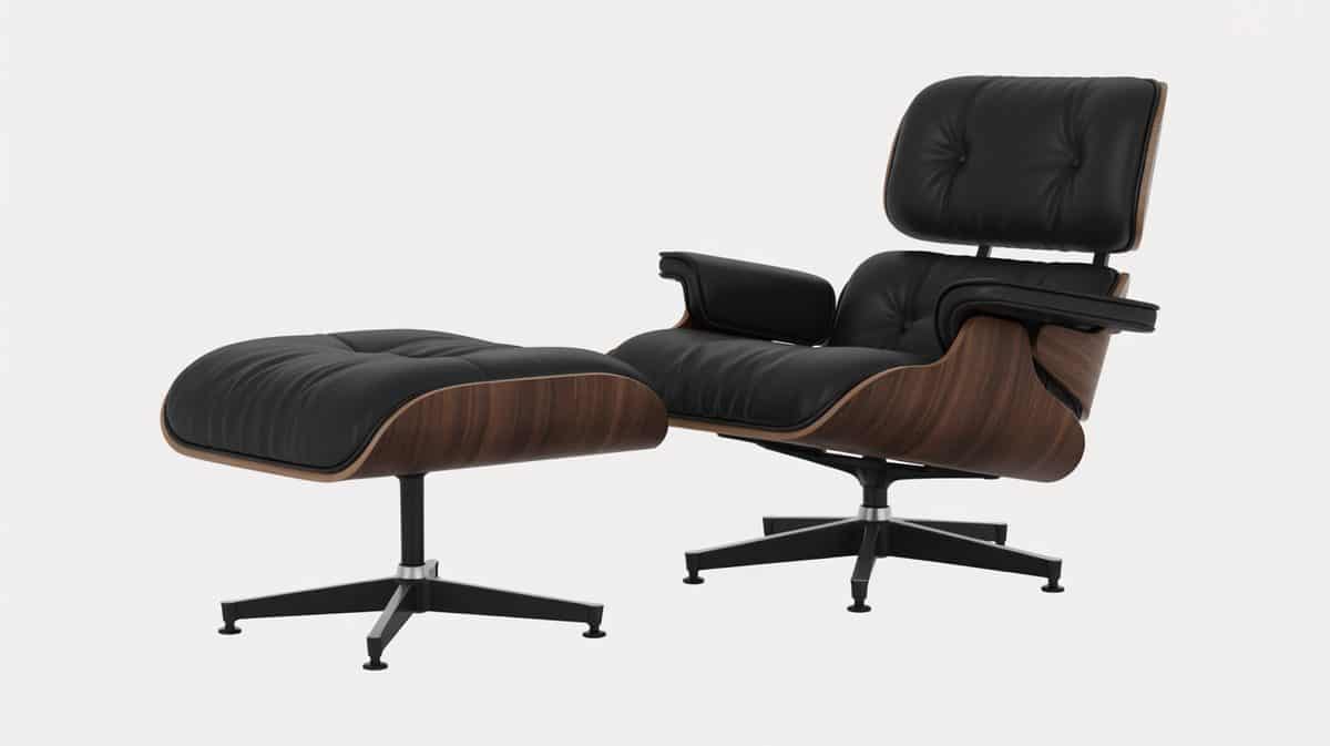 Iconic black leather Eames lounge chair with curved walnut plywood shell and matching leather ottoman