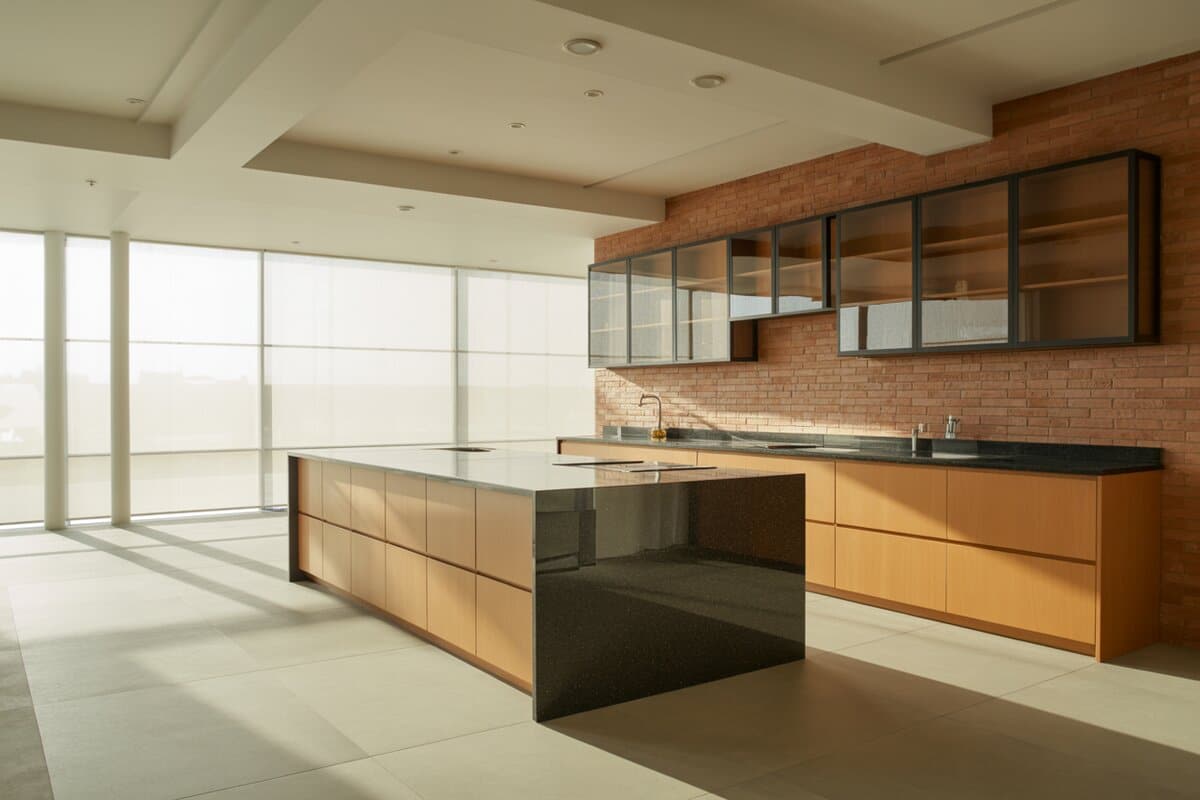 Maple cabinets and glass-front uppers meet a black granite island against an exposed brick wall