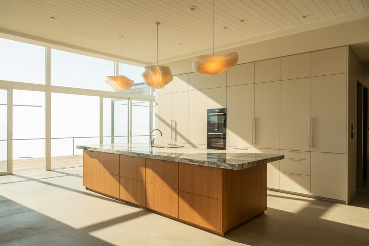 Cream cabinets surround an oak island with granite top under sculptural amber pendants