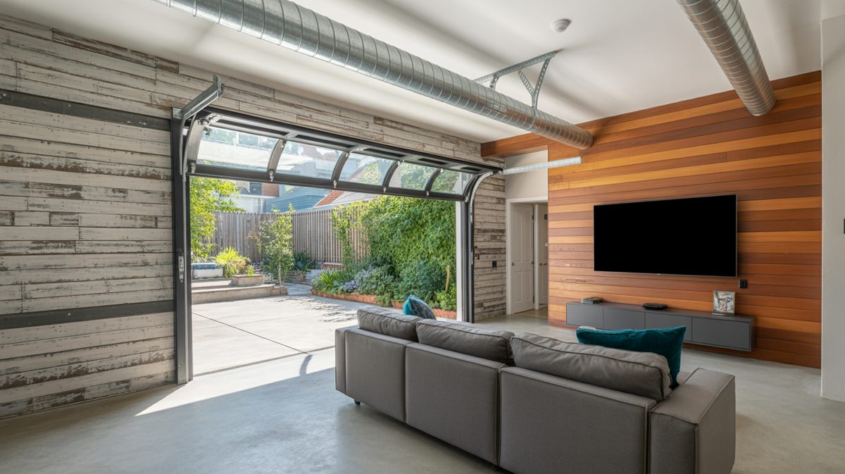 Industrial indoor-outdoor masculine living room with reclaimed wood accent wall, large folding glass garage door, and gray sectional sofa