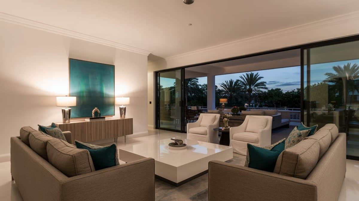 Modern luxury masculine living room with crisp white walls, gray sofas, white coffee table, and teal accent accessories