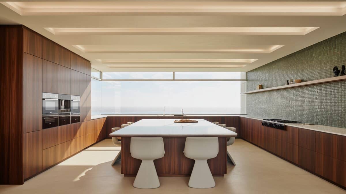 Dark wenge cabinets frame a white-topped dining island beside a sage green mosaic wall