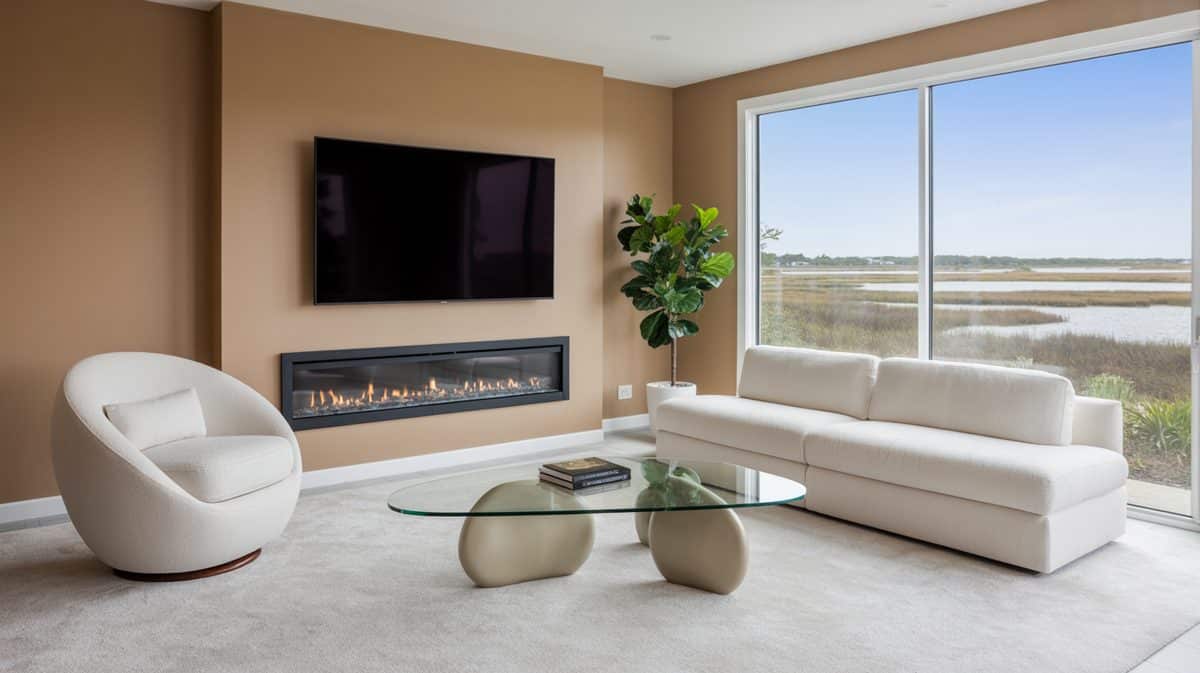 Coastal modern masculine living room with linear fireplace, white sofa, egg chair, and serene marsh water view