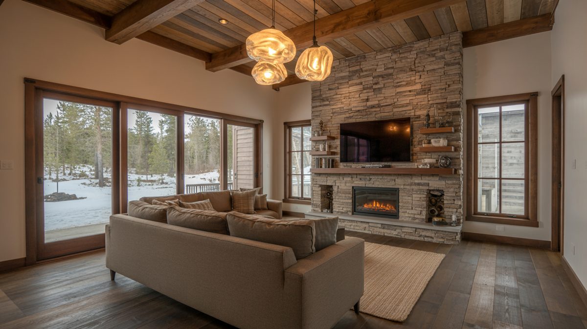 Contemporary rustic living room with globe pendant lights, stacked stone fireplace, and gray sectional sofa
