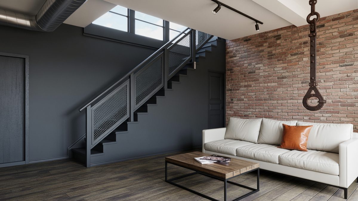 Industrial loft masculine living room with dark gray walls, exposed brick accent wall, white sofa, and black metal open stair railing