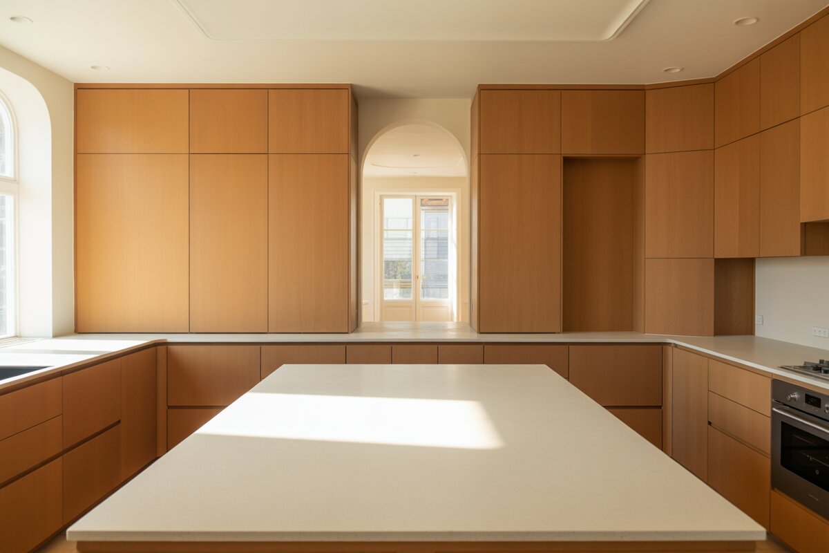 Honey birch cabinets form a U-shape around a white island near an arched doorway