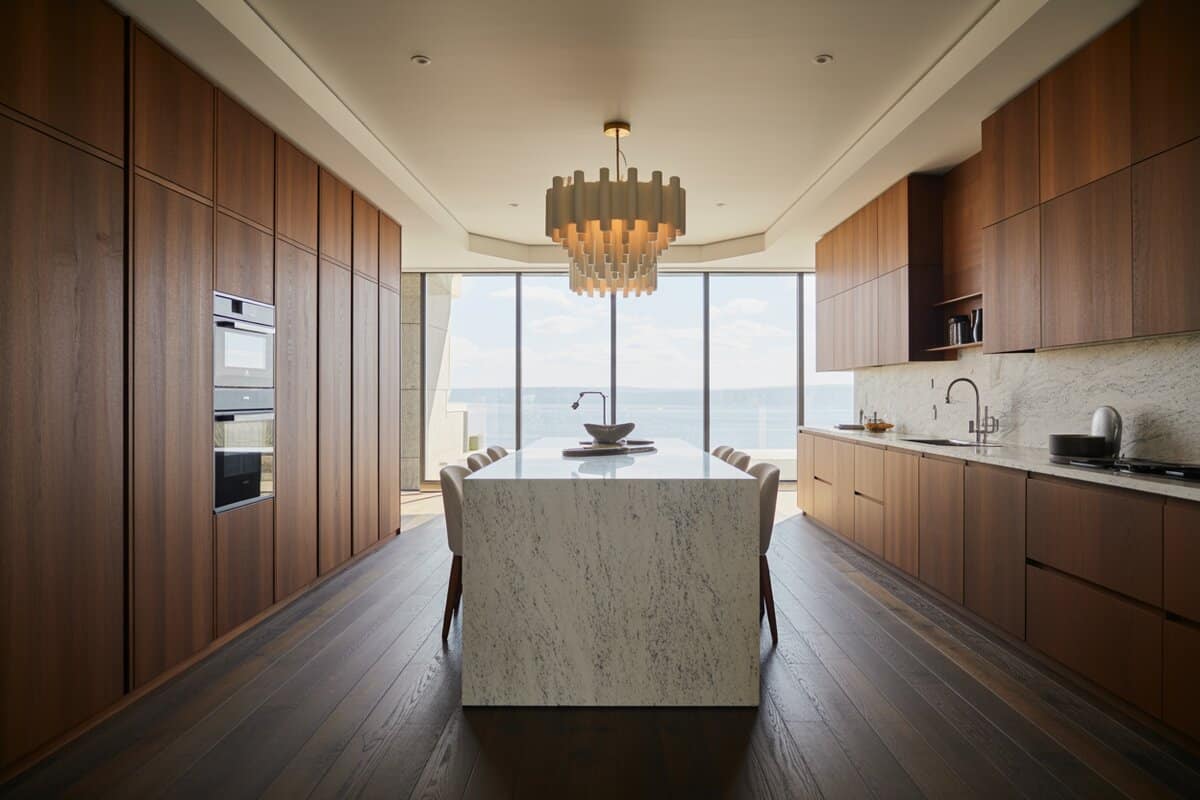 Walnut cabinets bracket a speckled stone island under a tubular chandelier with a sea view