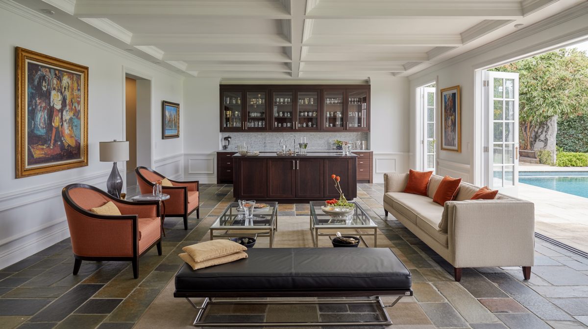 Elegant masculine entertaining living room with dark home bar, salmon accent chairs, polished slate floors, and poolside view