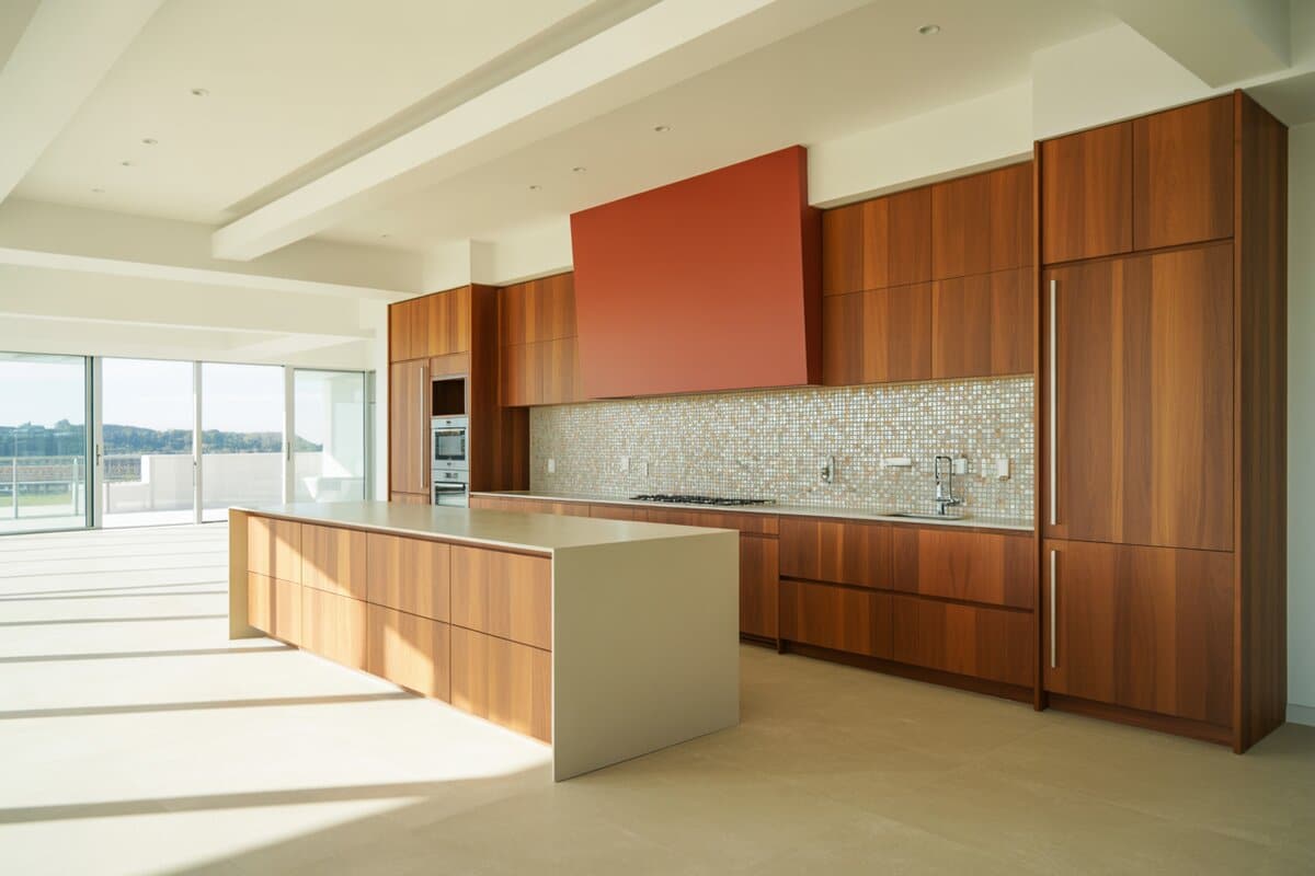Warm fruitwood cabinets surround a pale island with mosaic backsplash and bold coral hood