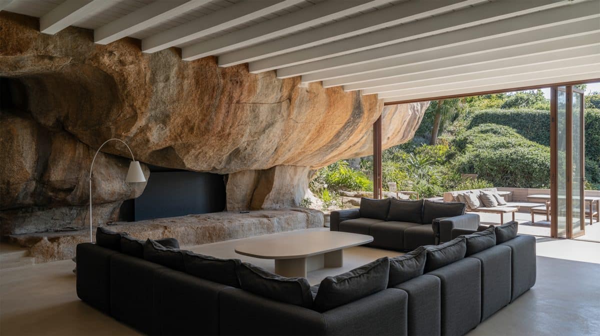 Dramatic man cave living room built into granite boulder walls with a large gray sectional sofa, floor-to-ceiling glass walls, and garden view