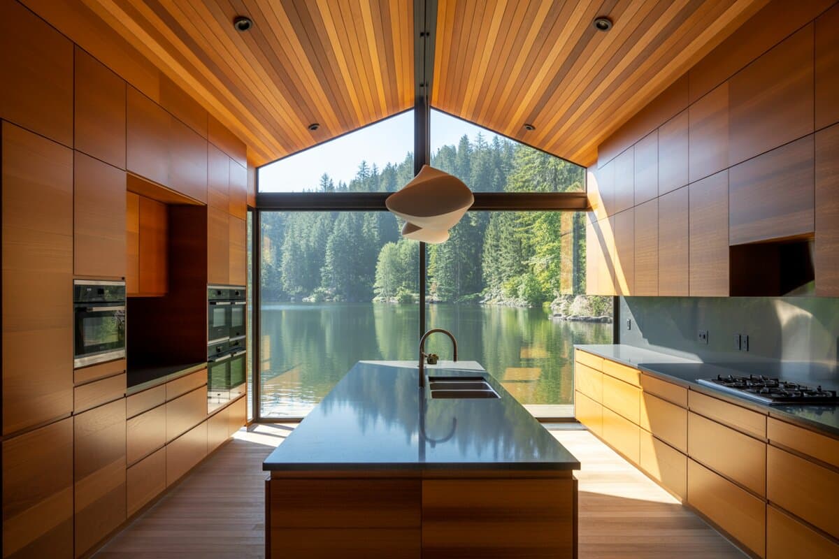 Teak cabinets and wood ceiling frame a dark island before a gabled lake-view window