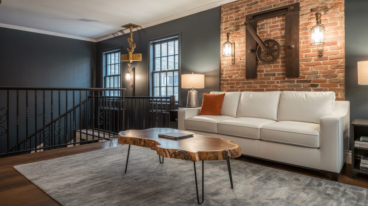 Urban loft masculine living room with charcoal walls, exposed brick, industrial crane hook detail, white sofa, and live edge coffee table