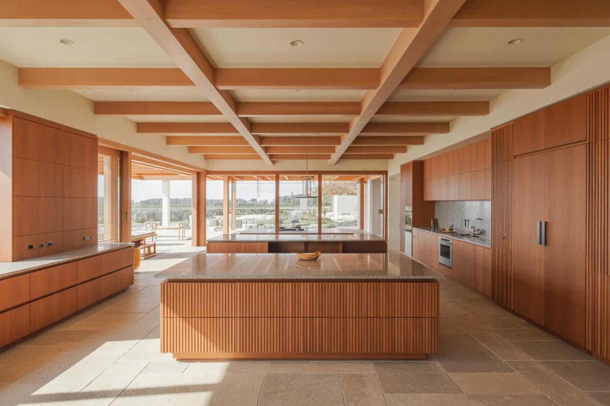 Alder cabinets and exposed beams surround granite islands over warm stone tile flooring