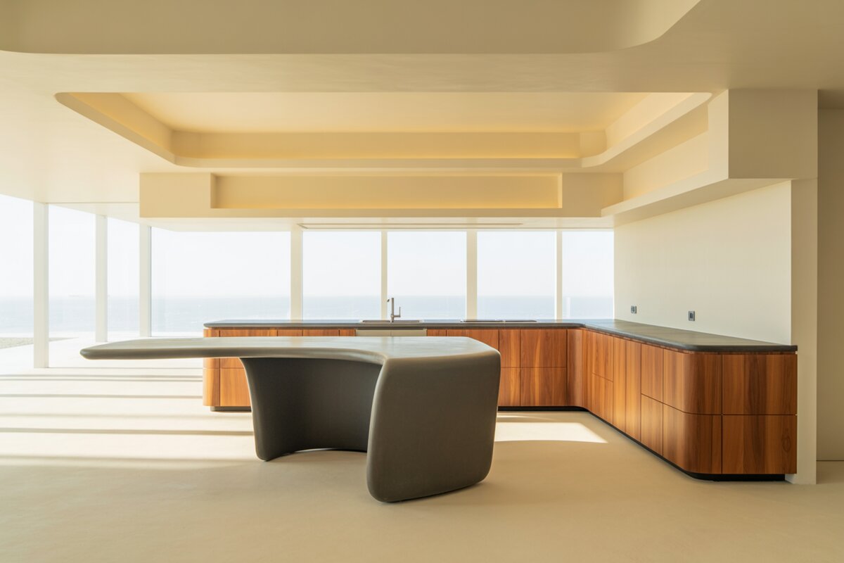Walnut cabinets wrap an L-shape with a sculptural curved island facing ocean windows