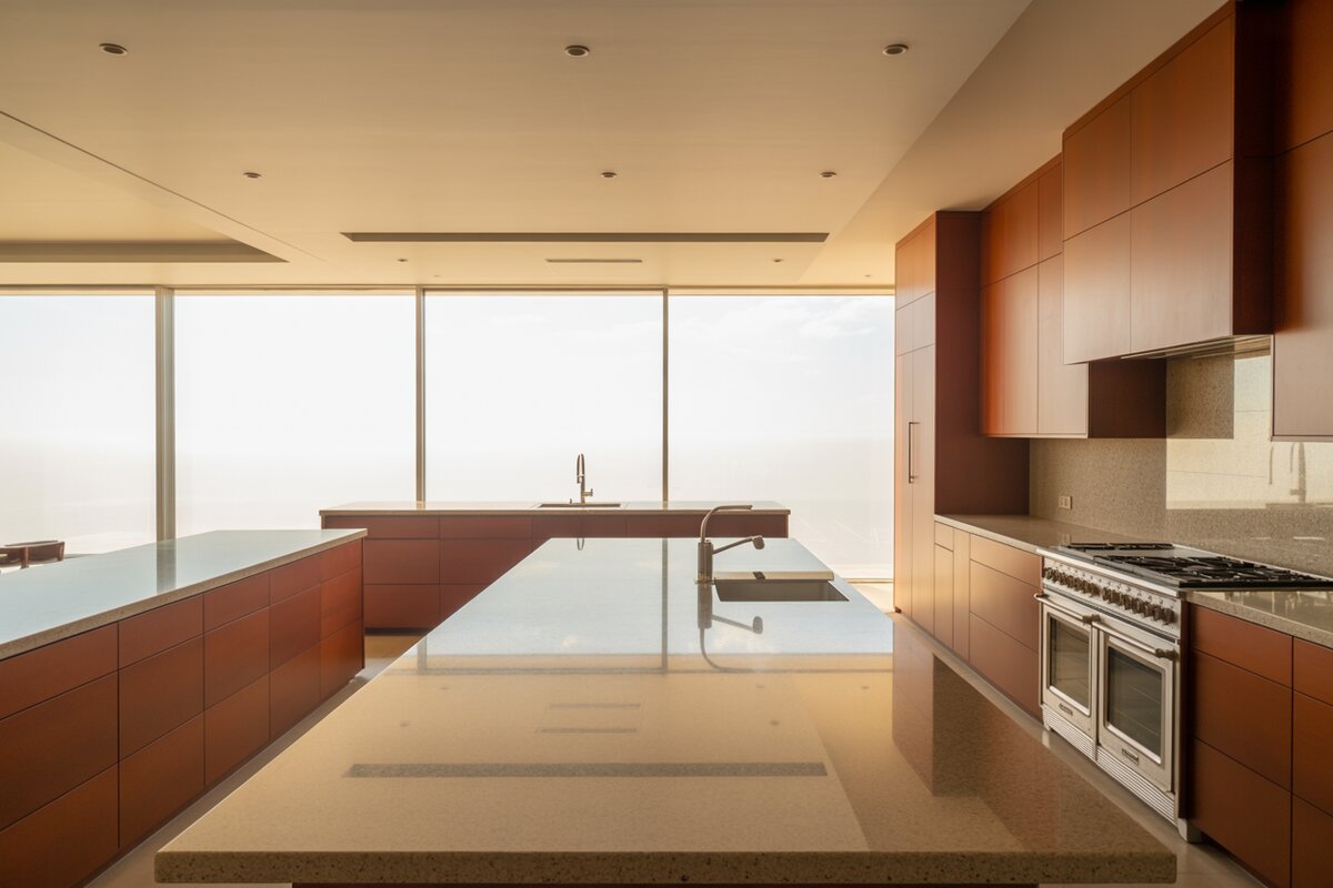 Cherry cabinets line the range wall beside a granite island under hazy wide windows