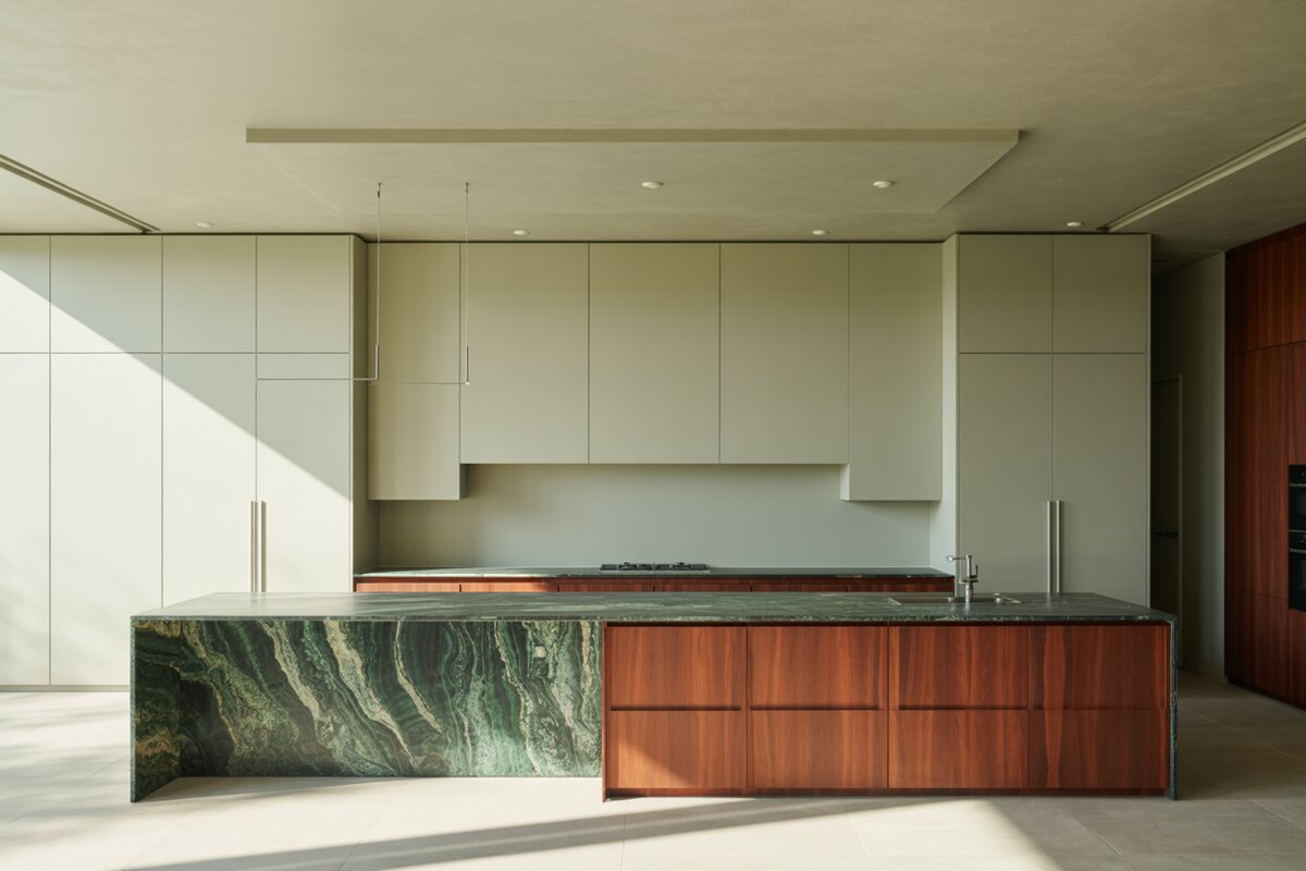 Sage cabinets meet a striking green marble waterfall island over cherry wood drawers