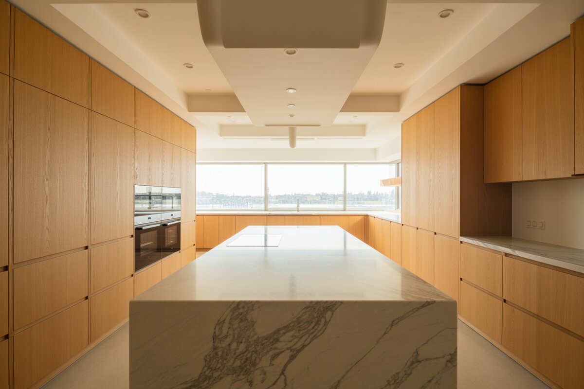 Oak slab cabinets surround a bold Carrara marble waterfall island near a city-view window