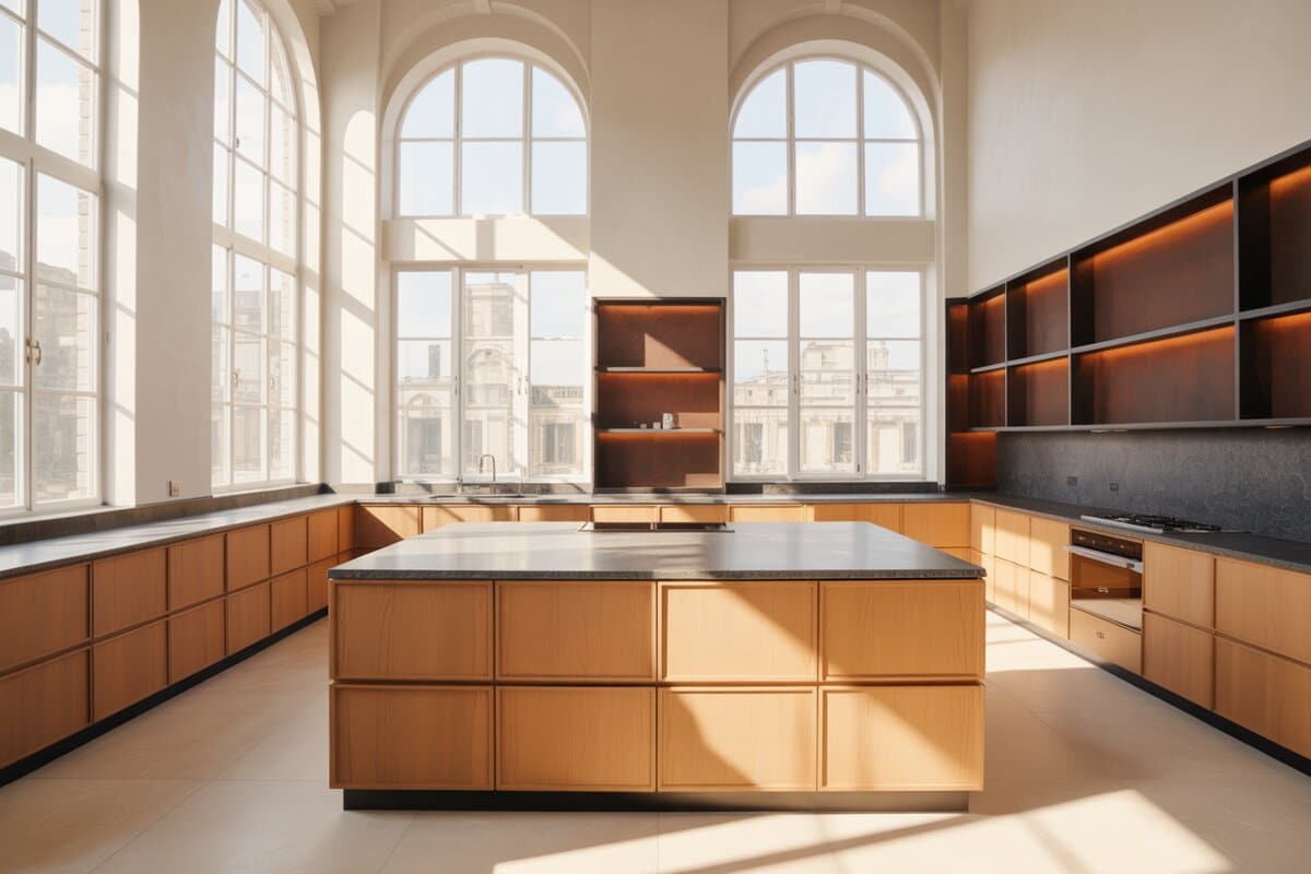 Oak cabinets and dark stone counters frame a central island beneath grand arched windows