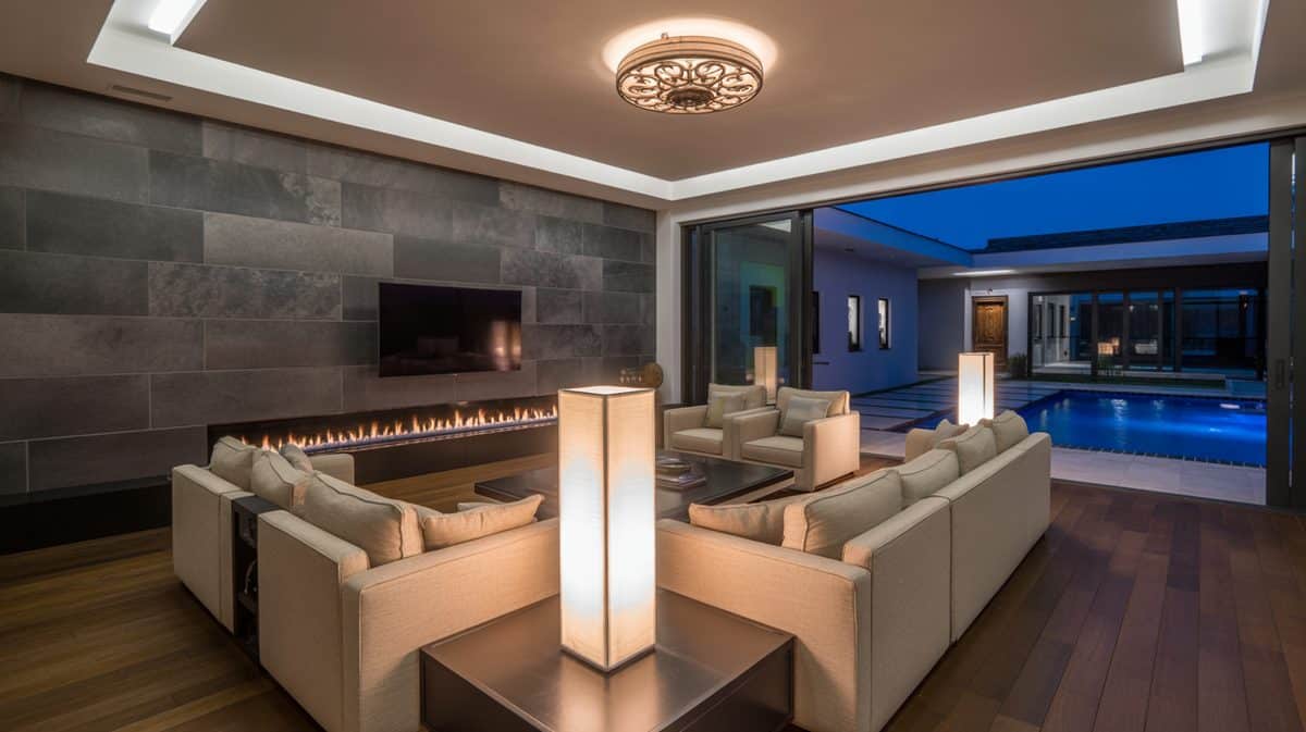 Contemporary luxury masculine living room at dusk featuring a stone tile feature wall, sleek linear fireplace, and beige sectional