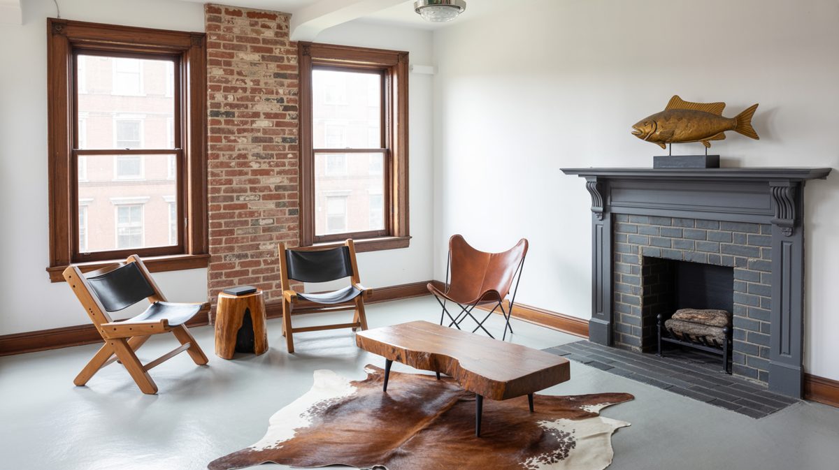Eclectic urban masculine living room with exposed brick wall, cowhide area rug, leather sling chairs, and gray stone fireplace