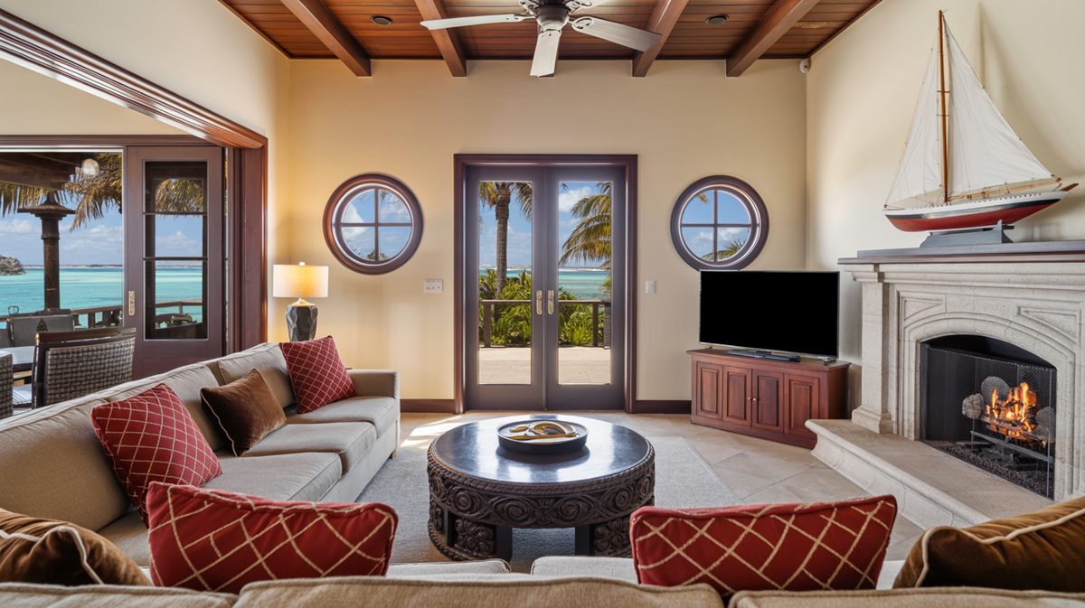 Tropical beachfront masculine living room with circular porthole windows, stone fireplace, and sweeping ocean view