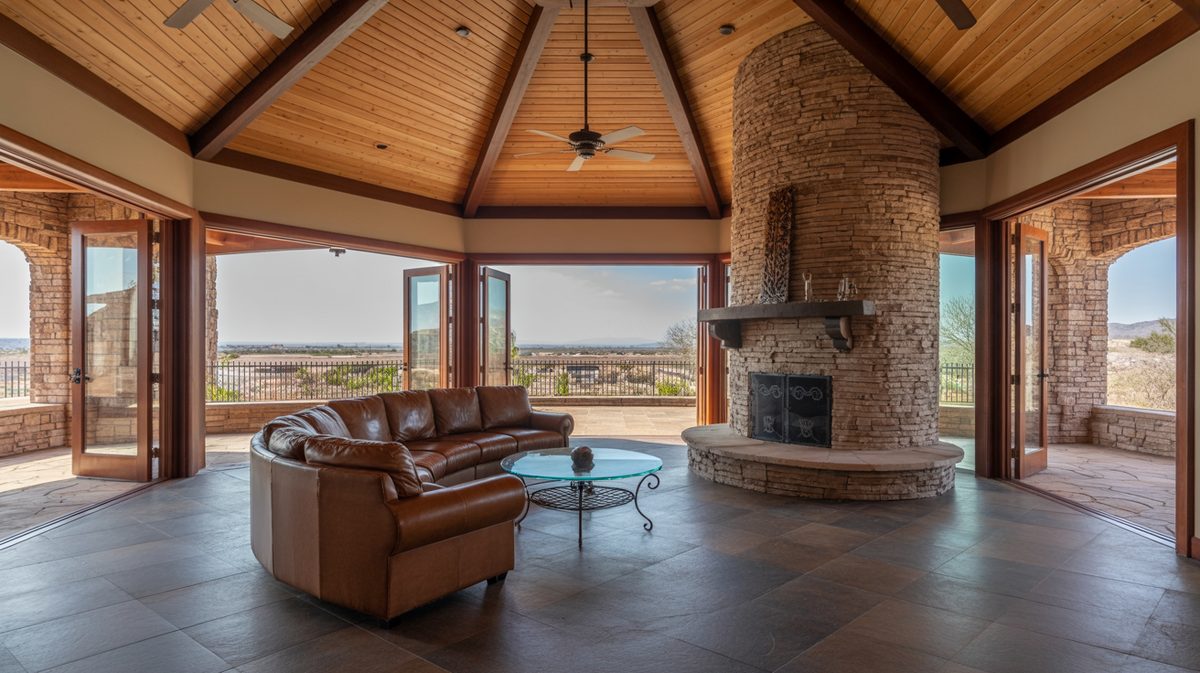 Southwest rustic masculine living room with dramatic circular stone fireplace tower and floor-to-ceiling glass walls overlooking the desert