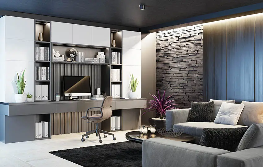 Basement design with built in desk living room sectional accent wall