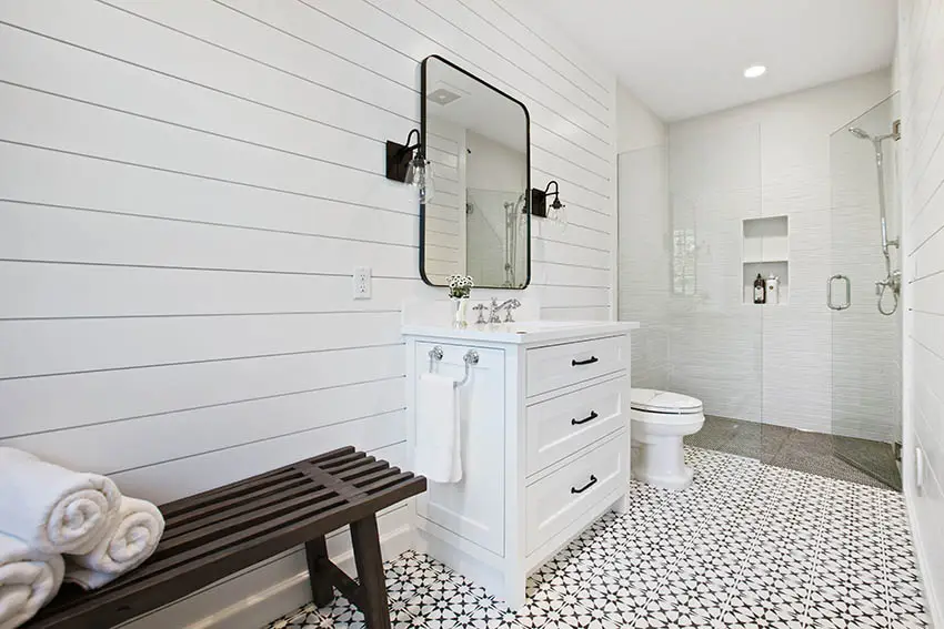 Bathroom with curbless zero entry shower tile flooring shiplap walls