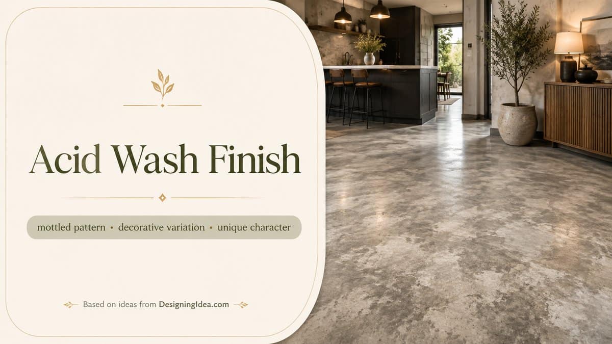 Acid wash finish card over a mottled floor in a dark modern kitchen