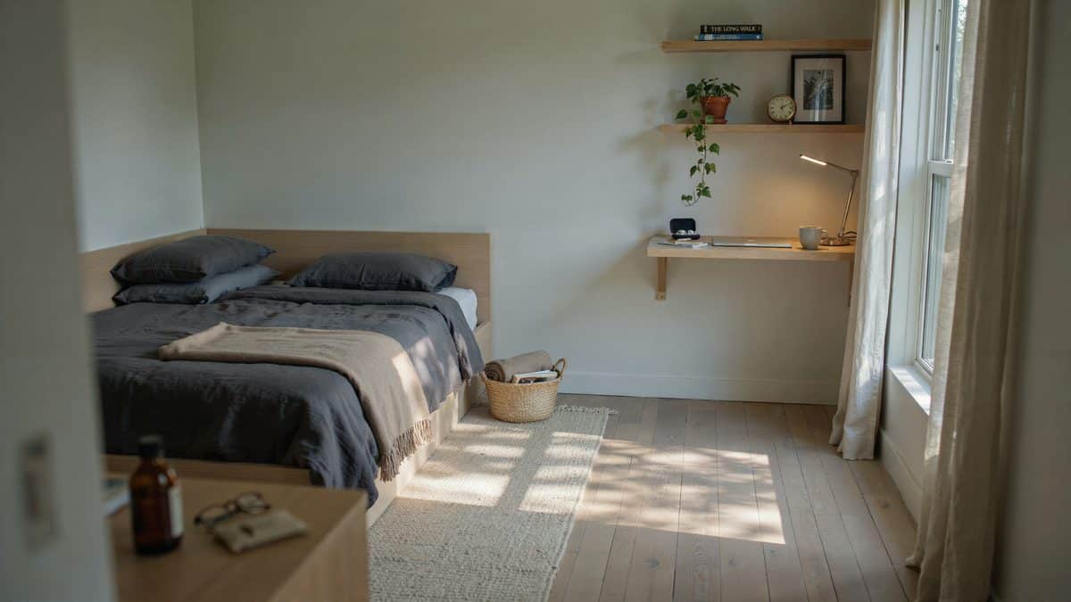 Bedroom with charcoal bedding and a slim corner desk under bright windows