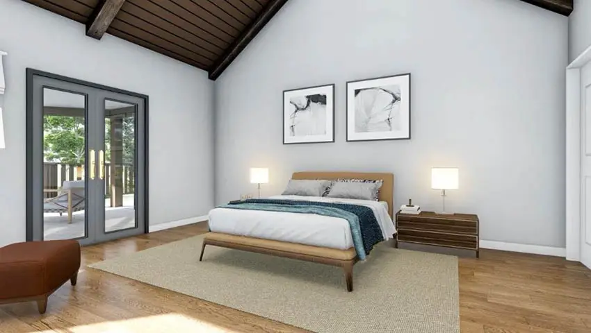 Bedroom with vaulted wood ceiling wood flooring double door to patio