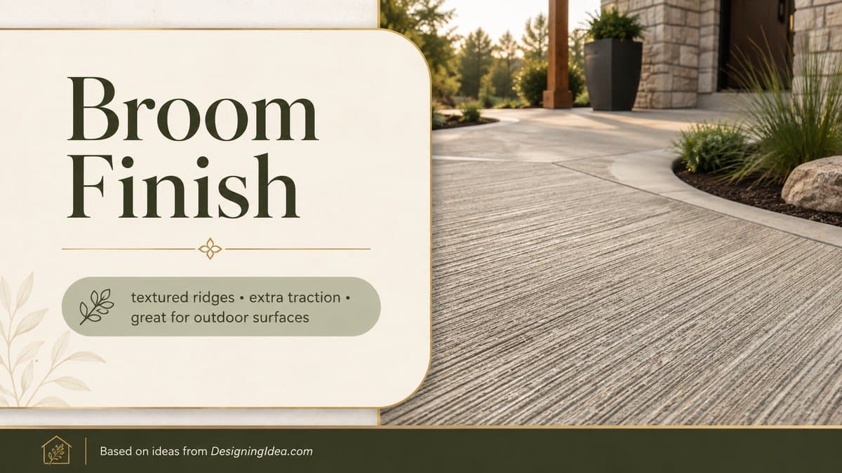 Broom finish card above a ridged concrete driveway curving past planted boulders