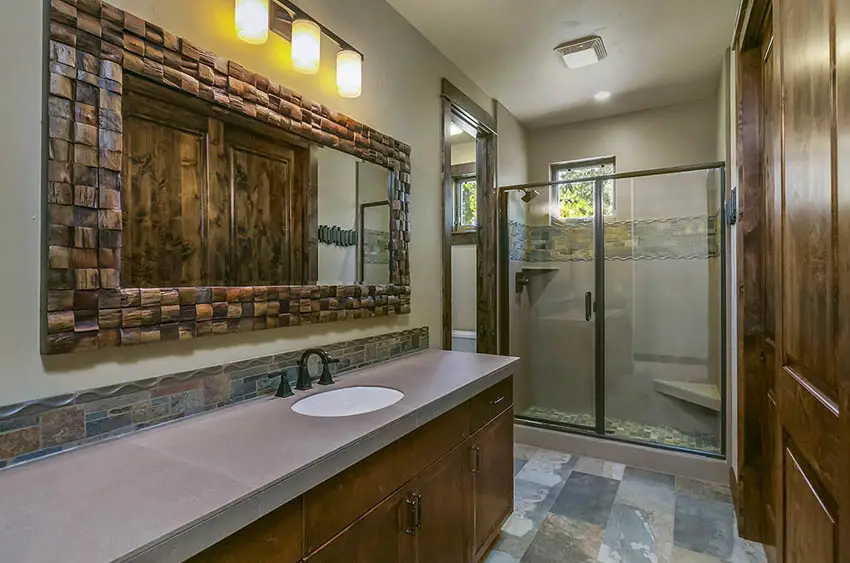 Craftsman bathroom with walk in shower and corner bench