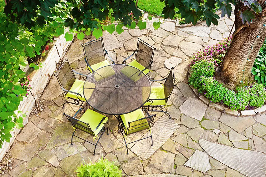 Flagstone patio with outdoor dining table