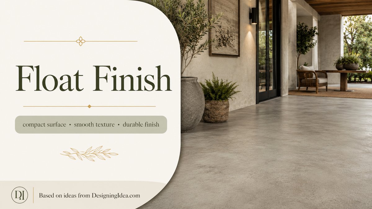 Float finish card above a compact smooth porch floor with a planter and chair