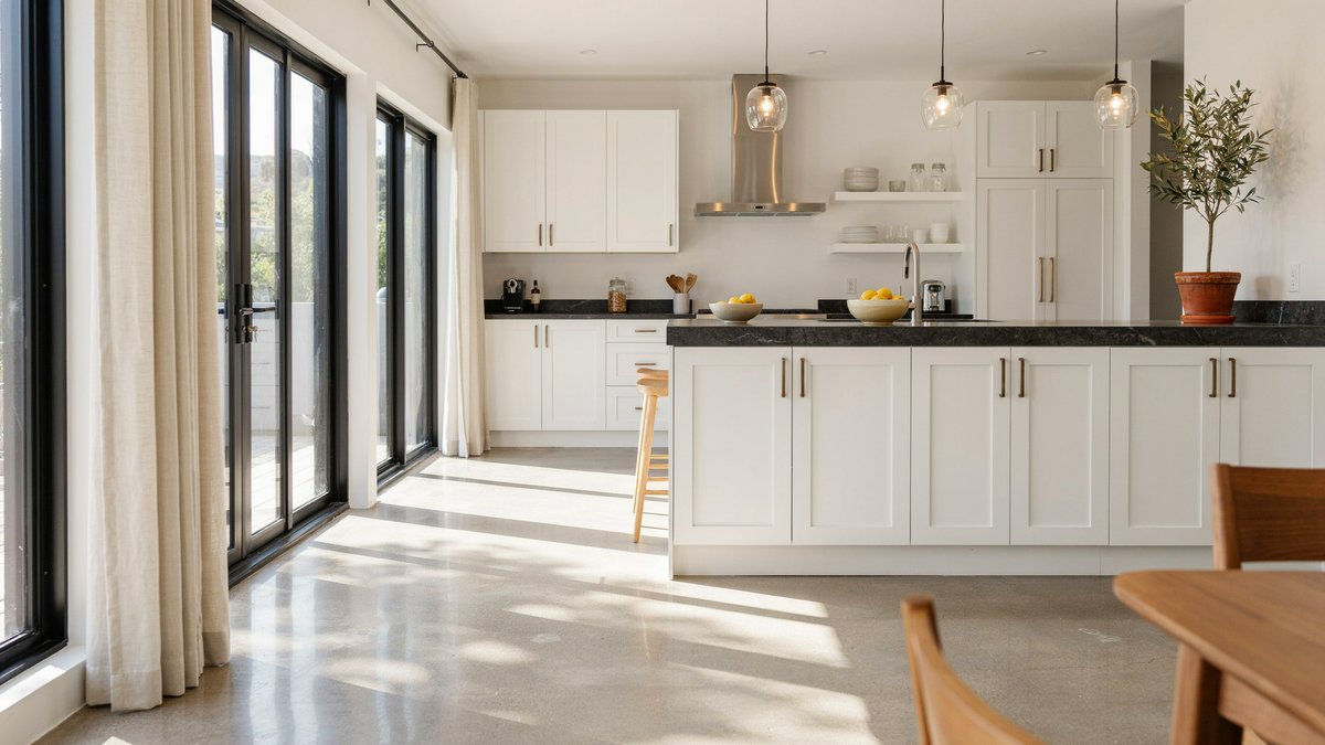 Kitchen with smooth finish concrete for the floors
