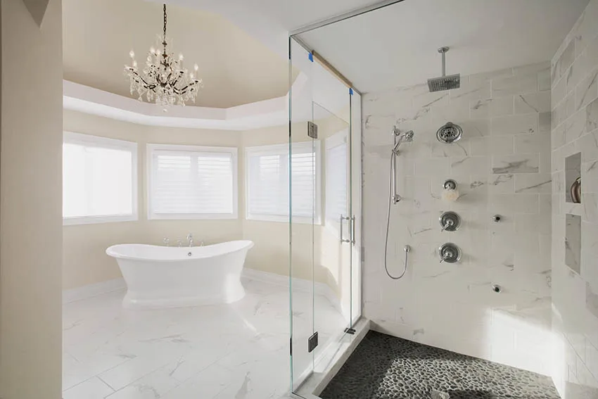 Large master bathroom with walk in shower and rain shower head