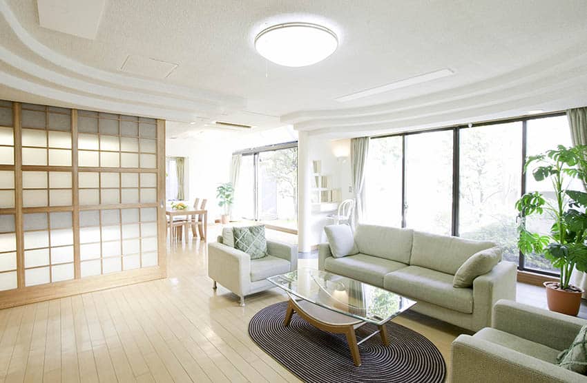 Living room with dome light, wood panel divider and light green sofa set