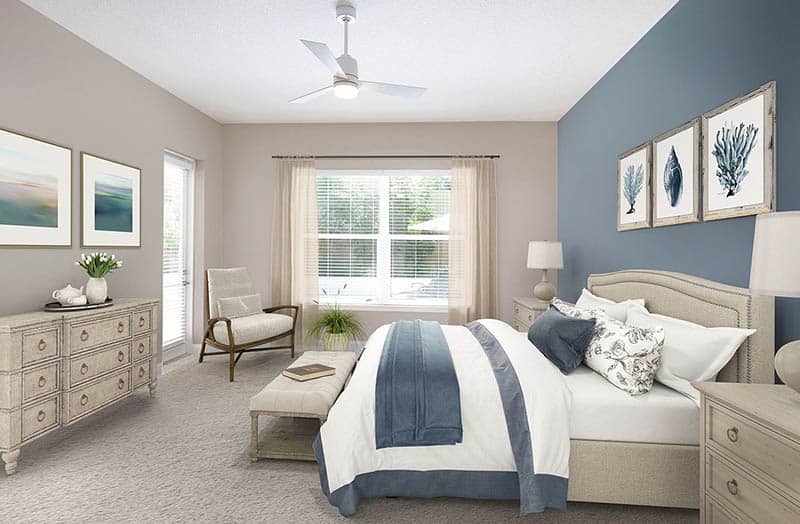 Master bedroom design with blue accent wall beige paint
