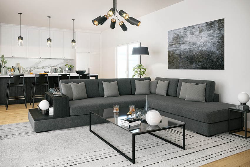 Modern sectional sofa with gray fabric, black coffee table, and area rug in living room