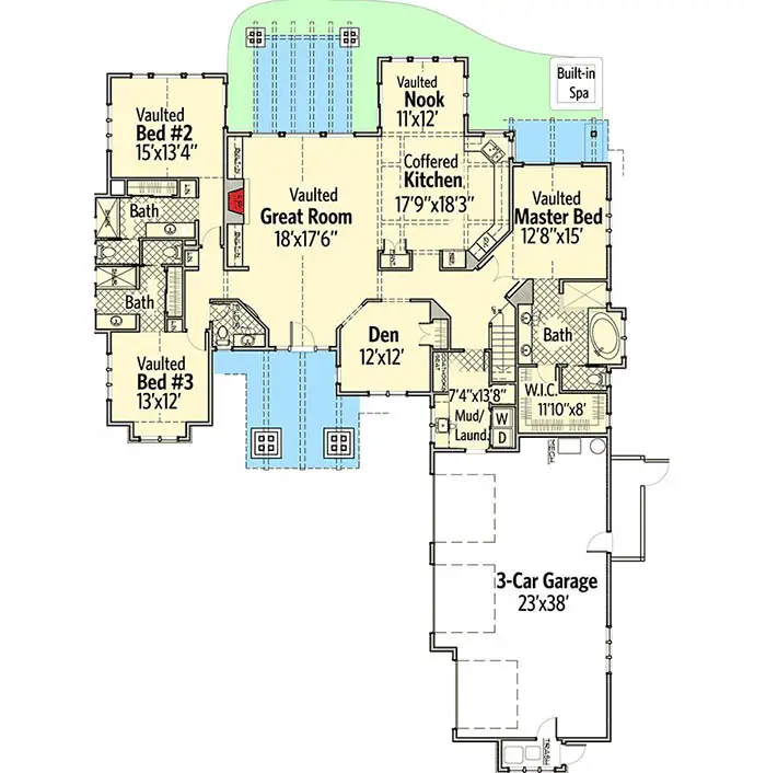 Mountain craftsman house floor plan with 2 story 3 car garage backyard patio