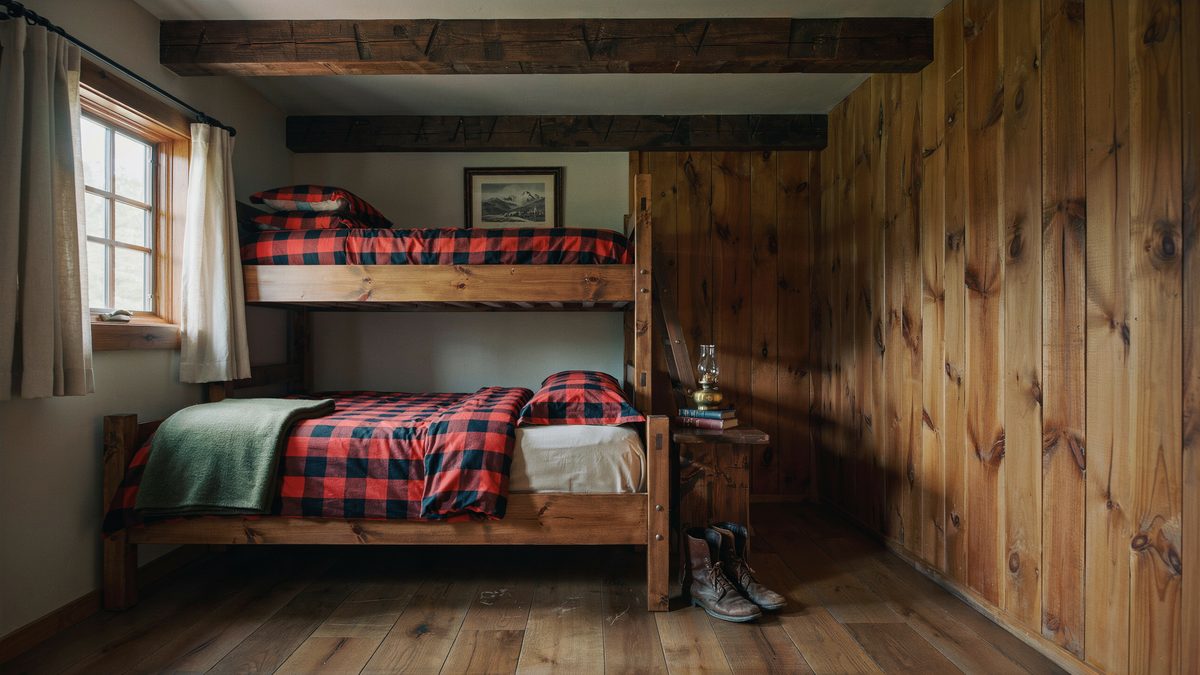 Rustic wood bunk beds with red plaid quilts in a plank walled cabin