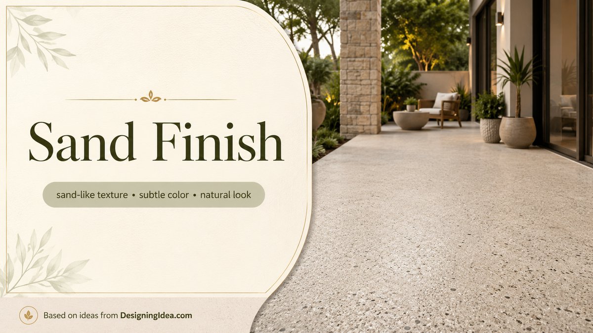 Sand finish label above a sandy textured walkway beside a stone porch column