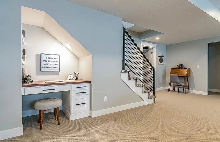 Small basement nook under stairs with recessed lighting