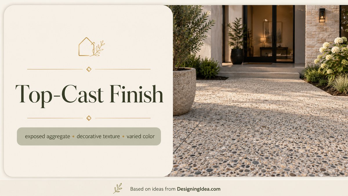 Top-Cast finish card above an exposed pebble walkway near a lit entry door