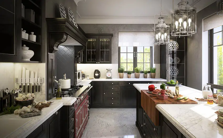 Traditional kitchen with marble look countertops and black cabinets