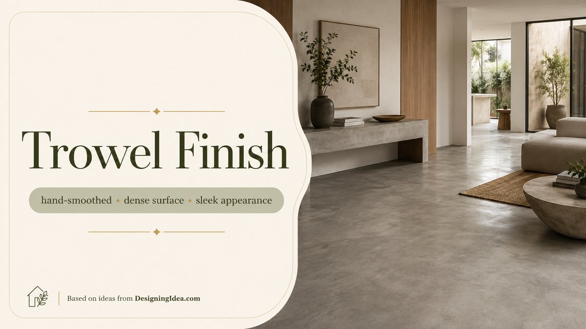 Trowel finish card over a dense gray floor in an open living room